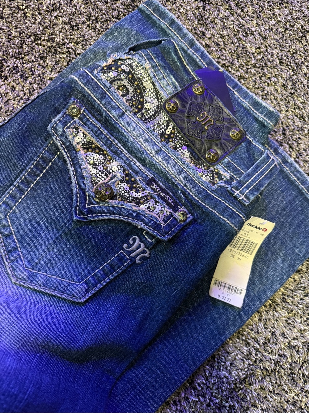 Miss Me Dark Blue Boot Cut Jeans with Sequin Embellished Pockets